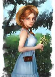 Rule 34 | 1girl, absurdres, arms up, bag, bare arms, blue dress, blue eyes, blue sky, boater hat, braid, breasts, child, commentary, cowboy shot, day, dress, english commentary, field, flower, flower field, from side, handbag, highres, holding, holding flower, iskanderednaksi, lips, looking at viewer, medium breasts, nature, nose, original, outdoors, parted lips, red hair, short hair, sky, solo, standing, sundress, tree, twin braids