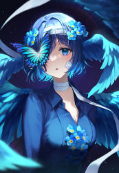 Rule 34 | 1girl, aqua hair, bandaged head, bandaged neck, bandages, bandaid, bandaid on cheek, bandaid on face, black background, blue butterfly, blue eyes, blue flower, blue hair, blue shirt, blue wings, bob cut, breasts, bug, butterfly, cleavage, commentary request, feathered wings, flower, gradient hair, hair flower, hair ornament, hair over one eye, head wings, heeri, highres, insect, looking at viewer, medium breasts, multicolored hair, original, parted lips, shirt, short hair, simple background, upper body, wings