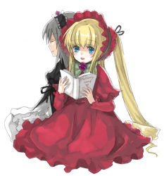 Rule 34 | 00s, 2girls, :d, back-to-back, blonde hair, blunt bangs, bonnet, book, capelet, closed eyes, dress, eyebrows, frills, green hair, holding, holding book, loo, looking at viewer, multiple girls, open book, open mouth, ponytail, profile, red dress, rozen maiden, shinku, sidelocks, simple background, smile, suigintou, white background