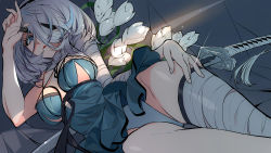 Rule 34 | 1girl, arm at side, blindfold, blindfold lift, breasts, cleavage, cosplay, flower, grandia lee, hair over one eye, hairband, highres, kaine (nier), kaine (nier) (cosplay), looking at viewer, lying, nier, nier (series), nier:automata, on side, panties, short hair, silver hair, single thighhigh, solo, sword, thighhighs, underwear, weapon, 2b (nier:automata)