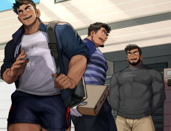 Rule 34 | 3boys, bag, bara, beard, black hair, black pants, black shirt, black shorts, blue jacket, blue shirt, blush, box, brown pants, day, delivery, employee uniform, facial hair, gloves, goatee, highres, holding, holding box, jacket, large pectorals, looking at another, male focus, multiple boys, muscular, muscular male, open clothes, open jacket, open mouth, original, outdoors, package, paid reward available, pants, pectorals, paid reward available, shirt, short hair, shorts, shoulder bag, sideburns, smile, tarutoru, uniform, white gloves, white shirt