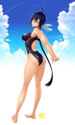 Rule 34 | 1girl, absurdres, antenna hair, arms behind back, ass, back cutout, barefoot, black hair, blue eyes, blue sky, breasts, clothing cutout, cloud, cloudy sky, competition swimsuit, day, from behind, full body, hair ribbon, highres, interlocked fingers, kaminashi nozomi, kanta-kun, keijo!!!!!!!!, kneepits, large breasts, lips, long hair, looking to the side, low ponytail, one-piece swimsuit, perky breasts, ribbon, sky, smile, solo, stretching, swimsuit, toes, very long hair