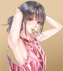 Rule 34 | 1girl, adjusting hair, armpits, arms up, bare shoulders, black eyes, black hair, blush, hair tie, kinoebi, long hair, looking at viewer, mouth hold, original, oversized clothes, ponytail, simple background, smile, solo, tank top, tying hair