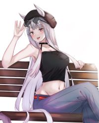 Rule 34 | 1girl, :d, alternate costume, animal ears, ash kabon, bare arms, bare shoulders, belt, bench, beret, black hat, breasts, camisole, casual, crop top, ears through headwear, feet out of frame, gold ship (umamusume), grey pants, hand up, hat, highres, horse ears, large breasts, long hair, looking at viewer, midriff, navel, open mouth, pants, purple eyes, red belt, simple background, sitting, smile, solo, stomach, twitter, umamusume, very long hair, white background, white hair