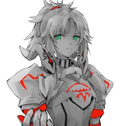 Rule 34 | 1girl, armor, cowboy shot, fate/apocrypha, fate (series), green eyes, kan&#039;yu (citron 82), long hair, looking at viewer, monochrome, mordred (fate), mordred (fate/apocrypha), ponytail, solo, spot color, upper body