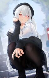 Rule 34 | 1girl, absurdres, azur lane, beret, black hat, black jacket, black pantyhose, blunt bangs, cellphone, closed mouth, collared shirt, cross-shaped pupils, grey hair, hair between eyes, hat, highres, holding, holding phone, jacket, light blush, long hair, looking at viewer, one side up, outdoors, pantyhose, phone, pleated skirt, red eyes, rzk iii, school uniform, scylla (azur lane), scylla (femme fatale fresher) (azur lane), shirt, skirt, smartphone, smile, solo, squatting, stairs, symbol-shaped pupils, tree, twitter username, white shirt