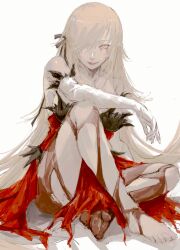 Rule 34 | . (kometto333), 1girl, bare shoulders, blonde hair, breasts, dress, elbow gloves, feather-trimmed gloves, gloves, hair ribbon, highres, kiss-shot acerola-orion heart-under-blade, large breasts, long hair, looking at viewer, medium breasts, monogatari (series), oshino shinobu, red dress, ribbon, sitting, solo, strapless, strapless dress, torn clothes, vampire, white background, yellow eyes