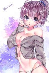 Rule 34 | 1girl, aoba (kancolle), blouse, blush, breasts, floral background, grey shirt, hair between eyes, kantai collection, large breasts, long hair, looking at viewer, one-hour drawing challenge, open clothes, open mouth, open shirt, panties, pink hair, ponytail, purple eyes, shirt, solo, twitter username, underwear, viwop, white panties