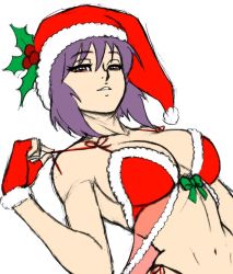 Rule 34 | 1girl, 2021, bra, breasts, christmas, cleavage, fingerless gloves, ghost in the shell, ghost in the shell stand alone complex, gloves, hat, highleg, highleg panties, kusanagi motoko, large breasts, leadapprentice, lips, looking at viewer, navel, panties, purple hair, red eyes, santa hat, seductive smile, smile, solo, thong, underwear, wide hips