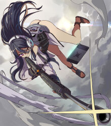 Rule 34 | 1girl, aiming, ass, bare legs, black hair, black panties, closed mouth, cloud, cloudy sky, commentary, exia (nikke), from below, full body, glint, glowing, glowing eye, goddess of victory: nikke, grey sky, gun, hair between eyes, headphones, highres, holding, holding gun, holding weapon, jacket, long hair, midair, no pants, one eye closed, panties, purple eyes, rifle, sandals, sky, sniper rifle, solo, syope, tablet pc, tactical clothes, thong, underwear, wavy mouth, weapon, white jacket