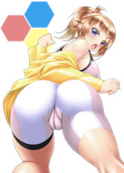 Rule 34 | 10s, 1girl, ass, ayato, bike shorts, blue eyes, blush, breasts, brown hair, cameltoe, covered erect nipples, from behind, from below, gundam, gundam build fighters, gundam build fighters try, highres, hoshino fumina, huge ass, jacket, kneepits, large breasts, long hair, looking at viewer, looking back, looking down, md5 mismatch, midriff, open clothes, open jacket, open mouth, pantylines, ponytail, puffy nipples, scrunchie, short hair, sideboob, solo, solo focus, sports bra, sweat