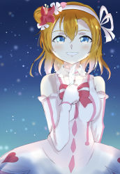 Rule 34 | 1girl, alternate hairstyle, artist name, artist request, bare shoulders, blue eyes, blue sky, blush, bokutachi wa hitotsu no hikari, bow, bowtie, breasts, close-up, cloud, clover earrings, collarbone, detached sleeves, dress, earrings, elbow gloves, elbow sleeves, feathers, female focus, flower, frilled dress, frilled gloves, frills, gloves, hair between eyes, hair bow, hair bun, hair flower, hair ornament, hair ribbon, hairband, heart, heart (symbol), heart print, highres, holding, holding feather, jewelry, kosaka honoka, long hair, looking at viewer, love live!, love live! school idol project, medium breasts, miniskirt, night, night sky, orange hair, outdoors, pink bow, pink bowtie, pink flower, pink skirt, plaid, plaid dress, plaid skirt, pleated, pleated dress, pleated skirt, ribbon, side bun, single hair bun, skirt, sky, smile, solo, star (sky), striped, striped bow, teeth, white detached collar, white dress, white feathers, white gloves, white hairband, white ribbon, wing collar