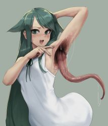 Rule 34 | 1girl, :d, arm behind head, arm up, armpits, bare arms, blush, body horror, commentary, dress, eu03, green background, green eyes, green hair, hair flaps, hand on own head, hand up, horror (theme), long hair, looking at viewer, monster girl, open mouth, saliva, saya (saya no uta), saya no uta, simple background, sleeveless, sleeveless dress, smile, solo, sweatdrop, teeth, tongue, tongue out, upper teeth only, very long hair, what, white dress