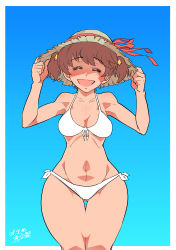 Rule 34 | 1girl, abs, absurdres, adjusting clothes, adjusting headwear, alisa (girls und panzer), artist name, bikini, blue background, border, breasts, brown hair, brown hat, cowboy shot, dated, facing viewer, freckles, front-tie bikini top, front-tie top, girls und panzer, gradient background, groin, hair ornament, halterneck, hat, hat ribbon, highres, medium breasts, navel, open mouth, outside border, red ribbon, ribbon, shinkuukan (tetsuo3), short hair, short twintails, signature, smile, solo, standing, star (symbol), star hair ornament, straw hat, swimsuit, thigh gap, thighs, twintails, white bikini, white border