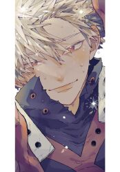 Rule 34 | 1boy, absurdres, bakugou katsuki, blonde hair, boku no hero academia, closed mouth, highres, kome uo, light blush, light smile, looking at viewer, male focus, pillarboxed, portrait, red eyes, short hair, snowflakes, solo, spiked hair