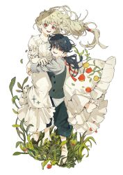 Rule 34 | 1boy, 1girl, barefoot, black hair, daruma owl, dress, floral print, flower, grass, highres, hug, light brown hair, long hair, looking at viewer, low-tied long hair, making-of available, on grass, original, pants, pants rolled up, parted lips, red eyes, red flower, simple background, sleeves rolled up, smile, soles, standing, teeth, tulip, upper teeth only, vest, white background, white dress