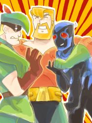 Rule 34 | 3boys, aqua man, armor, arthur curry, blonde hair, blue beetle, dc comics, green arrow, hat, jaime reyes, male focus, mask, multiple boys, oliver queen, smile, the brave and the bold