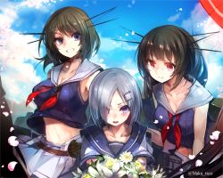 Rule 34 | 10s, 3girls, bad id, bad pixiv id, black hair, blue eyes, blush, bouquet, breasts, choukai (kancolle), cis (carcharias), cleavage, crop top, crop top overhang, flower, glasses, grin, hair ornament, hair over one eye, hairclip, hamakaze (kancolle), headgear, kantai collection, large breasts, long hair, looking at viewer, maya (kancolle), midriff, multiple girls, navel, open mouth, red eyes, revision, school uniform, serafuku, short hair, silver hair, skirt, smile