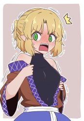 Rule 34 | 1girl, black shirt, blonde hair, blush, border, breasts, brown jacket, commentary request, embarrassed, green eyes, grey background, half updo, jacket, looking to the side, medium breasts, mizuhashi parsee, multicolored clothes, multicolored jacket, nose blush, notice lines, off shoulder, open mouth, pointy ears, scarf, shio (futatsumami), shirt, short hair, short ponytail, short sleeves, simple background, sleeveless, sleeveless shirt, taking off, touhou, trembling, undressing, upper body, white border, white scarf