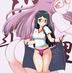 Rule 34 | 1girl, ass, black hair, blue eyes, blue hair, blush, bracelet, breasts, chousoku henkei gyrozetter, fingerless gloves, fundoshi, glasses, gloves, groin, hair ornament, hairclip, highres, japanese clothes, jewelry, lips, long hair, looking at viewer, looking back, matching hair/eyes, medium breasts, miwa satori, navel, off shoulder, open mouth, parted lips, pink background, projected inset, puffy short sleeves, puffy sleeves, red-framed eyewear, short sleeves, simple background, single glove, solo, sportswear, standing, thigh gap, tof, towel