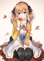 Rule 34 | 1girl, ahoge, autumn leaves, black thighhighs, collared dress, commentary request, dress, enuni, full body, green eyes, hair ornament, hairclip, highres, leaf hair ornament, original, revision, ribbon, school uniform, sitting, smile, solo, thighhighs, twintails, zettai ryouiki