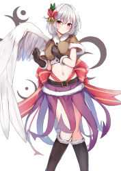 Rule 34 | 1girl, adapted costume, angel wings, bell, belt, black belt, black footwear, black gloves, blush, boots, breast press, breasts, closed mouth, ears, feet out of frame, gloves, grey hair, hair bell, hair between eyes, hair ornament, hand on own chest, highres, kishin sagume, knee boots, large breasts, legs, looking at viewer, medium breasts, navel, niko kusa, red eyes, ribbon, short hair, simple background, single wing, smile, socks, solo, standing, thighs, touhou, white background, wings