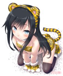 Rule 34 | 1girl, 2022, animal costume, animal ears, animal hands, animal print, asashio (kancolle), black hair, blue eyes, chinese zodiac, dd (ijigendd), highres, kantai collection, long hair, looking at viewer, solo, tail, thighhighs, tiger costume, tiger ears, tiger paws, tiger print, tiger tail, year of the tiger