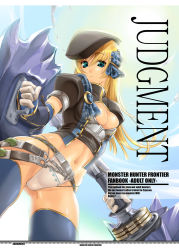 Rule 34 | 1girl, belt, beret, blonde hair, blue eyes, blue thighhighs, breasts, capcom, chain, cleavage, cleavage cutout, clothing cutout, cover, crop top, day, elbow gloves, female focus, gloves, hair ornament, hat, long hair, midriff, monster hunter (series), navel, outdoors, panties, shield, sky, solo, sun, thighhighs, thomasz, turtleneck, underwear, vagrant (artist), weapon, white panties