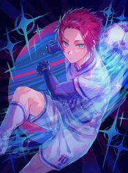 Rule 34 | 1boy, ball, black gloves, blue eyes, blue lock, closed mouth, commentary, cowboy shot, gloves, highres, itoshi sae, kshima mo369, long sleeves, looking at viewer, male focus, purple background, red hair, shirt, short hair, shorts, soccer ball, socks, solo, standing, white shirt, white shorts, white socks