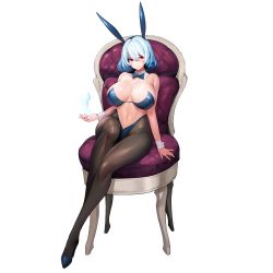 Rule 34 | 1girl, adhesive bra, animal ears, blue bow, blue bowtie, blue bra, blue hair, blue panties, bow, bowtie, bra, breasts, brown pantyhose, chair, cleavage, closed mouth, collar, crossed legs, detached collar, detached sleeves, easy chair, fake animal ears, full body, hair between eyes, headband, high heels, highleg, highleg panties, highres, huge breasts, ice, large breasts, last origin, leotard, light blue hair, linea alba, lips, navel, official alternate costume, official art, panties, pantyhose, playboy bunny, rabbit ears, red eyes, short hair, sitting, skindentation, snowball22, solo, strapless, strapless bra, tachi-e, titania frost, transparent background, underwear, white collar, white sleeves, wide hips