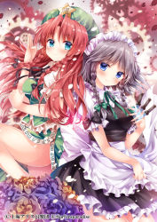 Rule 34 | 2girls, apron, aqua eyes, between fingers, black ribbon, blue eyes, blush, braid, breasts, chinese clothes, closed mouth, frilled apron, frills, gears, green hat, green ribbon, grey hair, hair ribbon, hat, holding, holding knife, hong meiling, izayoi sakuya, knife, knives between fingers, large breasts, long hair, looking at viewer, maid, maid headdress, multiple girls, nogi takayoshi, petals, red hair, ribbon, smile, thighs, touhou, tress ribbon, twin braids, waist apron, watermark