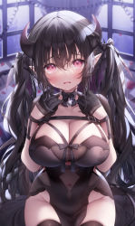 Rule 34 | 1girl, bell, black bow, black bowtie, black dress, black gloves, black hair, black thighhighs, blush, bow, bowtie, breasts, chain, cleavage, collarbone, covered navel, demon girl, demon horns, demon tail, dress, frown, glint, gloves, groin, hair bow, hands on own chest, horns, jingle bell, large breasts, long hair, looking at viewer, navy (navy.blue), neck bell, open mouth, original, pointy ears, purple eyes, sitting, solo, tail, thighhighs, twintails, very long hair