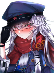 Rule 34 | 1girl, 33 gaff, absurdres, black gloves, blue hat, blush, commentary request, commission, girls&#039; frontline, gloves, grey hair, hat, highres, long hair, looking at viewer, makarov (girls&#039; frontline), makarov (mod3) (girls&#039; frontline), military hat, red eyes, red scarf, red star, scarf, simple background, skeb commission, solo, star (symbol), sweatdrop, upper body, white background
