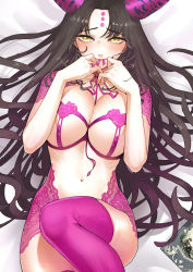 Rule 34 | 1girl, black hair, blush, bottomless, bra, breasts, closed mouth, collarbone, commentary, convenient leg, fate/extra, fate/extra ccc, fate/grand order, fate (series), hands up, horns, lace, large breasts, long hair, looking at viewer, lying, mouth hold, navel, on back, parted bangs, purple bra, purple ribbon, purple thighhighs, revealing clothes, ribbon, sessyoin kiara, solo, stomach, sungwon, thighhighs, underwear, very long hair, wavy hair, yellow eyes