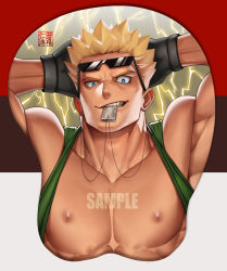 Rule 34 | 1boy, arms behind head, black gloves, blonde hair, blue eyes, breast mousepad, bright pupils, clothes lift, commentary, creatures (company), dog tags, english commentary, furrowed brow, game freak, gloves, large pectorals, looking at viewer, male focus, mousepad, mouth hold, muscular, muscular male, na insoo, nintendo, nipples, pectorals, pokemon, pokemon hgss, sample watermark, shirt behind neck, shirt lift, short hair, solo, spiked hair, sunglasses, surge (pokemon), teeth, watermark