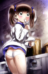 Rule 34 | 1girl, ass, blue eyes, blush, brave witches, breasts, brown hair, butt crack, dress, female focus, georgette lemare, hair ornament, hair ribbon, highres, hosoinogarou, kitchen, large breasts, looking at viewer, looking back, pot, ribbon, sailor dress, short hair, solo, spoon, standing, surprised, sweat, sweatdrop, swimsuit, twintails, utensil in mouth, world witches series