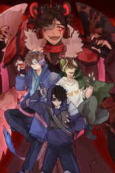 6+boys absurdres adapted_costume animal_ears armor bear_ears bizly black_hair blue_hoodie bottle brown_hair cape character_request claws collar commentary condifiction crown danny_(awnrii) dark_persona dual_persona english_commentary fallen_grizzly green_cape grizzlyplays hair_over_one_eye headphones heart highres holding holding_bottle hood hood_up hoodie horns jacket kemonomimi_mode laurel_crown male_focus minecraft_youtube multiple_boys open_clothes open_jacket poster_(medium) potion red_eyes slime_(substance) slime_on_head slimecicle slimecicle_cinematic_universe spiked_collar spikes standing sunglasses sword tail variant_set w weapon wings