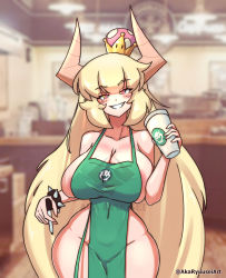Rule 34 | 1girl, absurdly long hair, akaryuuseiart, blonde hair, blurry, bowser, bowsette, breasts, depth of field, heart, heart-shaped pupils, highres, horns, large breasts, long hair, looking at viewer, meme, smile, solo, starbucks, symbol-shaped pupils, very long hair
