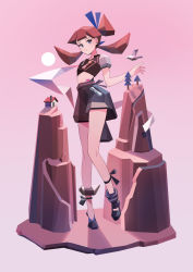 Rule 34 | 1girl, appi, bird, black footwear, blunt bangs, full body, giant, giantess, highres, house, looking at viewer, midriff, mountain, original, pink background, pink theme, shadow, short sleeves, simple background, solo, standing, sun, tree, twintails