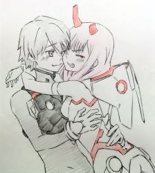 Rule 34 | 10s, 1boy, 1girl, asymmetrical horns, blush, closed eyes, couple, darling in the franxx, gloves, highres, hiro (darling in the franxx), horns, hug, long hair, miharu 178, pilot suit, short hair, tears, uneven horns, zero two (darling in the franxx)