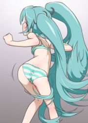 Rule 34 | 1girl, aqua eyes, aqua hair, ass, ass shake, back, bent over, blush, bra, clenched hand, feet out of frame, female focus, from behind, gradient background, hair ornament, hatsune miku, hatsune miku (shinkalion), long hair, looking at viewer, looking back, motion lines, muramura hito, nose blush, panties, shinkalion (series), shinkansen henkei robo shinkalion, simple background, solo, striped bra, striped clothes, striped panties, sweatdrop, twerking, twintails, underwear, underwear only, very long hair, vocaloid