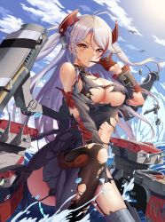 Rule 34 | 1girl, azur lane, bird, black thighhighs, blue sky, blush, breasts, clenched teeth, cloud, cross, dawn02, day, gloves, highres, iron cross, long hair, looking at viewer, medium breasts, orange eyes, prinz eugen (azur lane), red gloves, silver hair, sky, solo, teeth, thighhighs, torn clothes, torn thighhighs