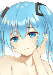 Rule 34 | 1girl, blue eyes, blue hair, collarbone, commentary, expressionless, face, flan (seeyouflan), hair between eyes, hatsune miku, head tilt, highres, long hair, looking at viewer, nude, simple background, solo, vocaloid, white background