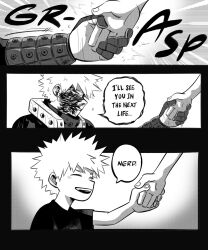 Rule 34 | 2boys, aged down, bakugou katsuki, blood, blood on face, boku no hero academia, child, comic, commentary, daniartonline, english commentary, english text, gloves, greyscale, highres, holding hands, male focus, midoriya izuku, monochrome, multiple boys, open mouth, out of frame, parted lips, shirt, short hair, smile, speech bubble, spiked hair