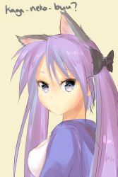Rule 34 | 00s, 1girl, animal ears, bow, breasts, cat ears, cat tail, from side, hair bow, hiiragi kagami, hood, hoodie, kemonomimi mode, large breasts, lucky star, magister, purple eyes, purple hair, simple background, solo, tail, twintails