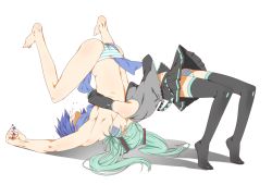 Rule 34 | 1boy, 1girl, arched back, bad id, bad pixiv id, barefoot, blue hair, blue nails, blue scarf, detached sleeves, german suplex, hatsune miku, kaito (vocaloid), legs, long hair, nail polish, necktie, panties, pantyshot, scarf, shaded face, simple background, skirt, striped clothes, striped panties, suplex, thighhighs, twintails, underwear, upskirt, ushi (newrein), vocaloid, zettai ryouiki