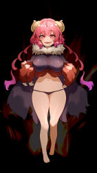 Rule 34 | 1girl, absurdres, bare legs, barefoot, black background, black panties, breasts, dragon claw, dragon girl, dragon horns, fire, highres, horns, ilulu (maidragon), kobayashi-san chi no maidragon, large breasts, long hair, midriff, navel, open mouth, panties, pink hair, sharp teeth, simple background, smile, solo, teeth, tuoyezengzhi, twintails, underwear, very long hair