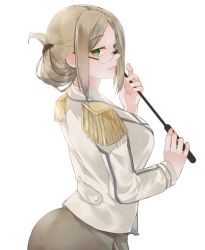 Rule 34 | 1girl, blonde hair, brown skirt, closed mouth, collared shirt, epaulettes, folded ponytail, from behind, glasses, green eyes, holding, holding pointer, jacket, kantai collection, katori (kancolle), light brown hair, looking to the side, military, military uniform, neko (ganecooo), parted bangs, pink lips, pointer, rimless eyewear, shirt, sidelocks, skirt, solo, standing, uniform, white jacket