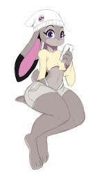 Rule 34 | 1girl, absurdres, animal ears, belly, closed mouth, eyebrows, furry, hat, highres, judy hopps, panties, phone, purple eyes, rabbit ears, shirt, simple background, sitting, solo, stomach, thong, underwear, white background, zootopia