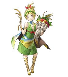 Rule 34 | 1girl, armlet, blonde hair, bracelet, cape, child, cleavage cutout, clothing cutout, demeter (megami tensei), doi masayuki, dress, female focus, flat chest, food, fruit, full body, grapes, green dress, head wreath, high ponytail, jewelry, looking at viewer, official art, ponytail, red eyes, red ribbon, ribbon, shin megami tensei, shin megami tensei: strange journey, simple background, smile, wheat, white background